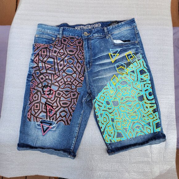 Rutherford Blue Denim Graffiti Art Jean Shorts - Picture 1 of 4
